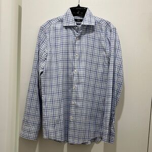 BOSS Men's White and Blue Plaid Button-Down Shirt - Slim Fit (39, 15.5)